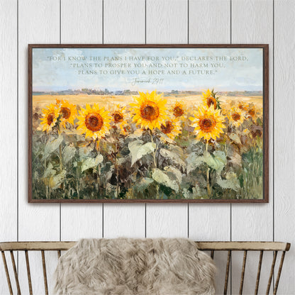 The image is a framed painting of a field of vibrant yellow sunflowers.