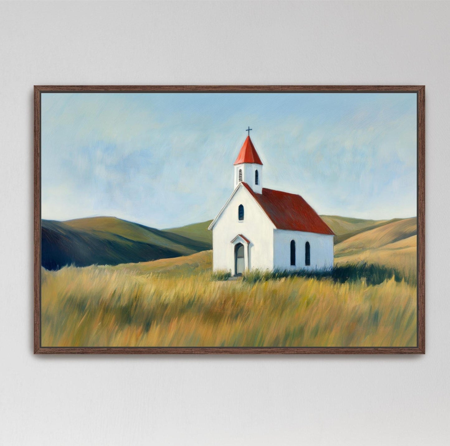 charming country church rendered in the contemplative style of Edward Hopper

This work captures the quiet dignity of prairie landscapes through a sophisticated palette of red, white, blue, yellow, and green. Perfect for farmhouse interiors or any space seeking authentic Americana character, the composition draws viewers into a moment of serene isolation.