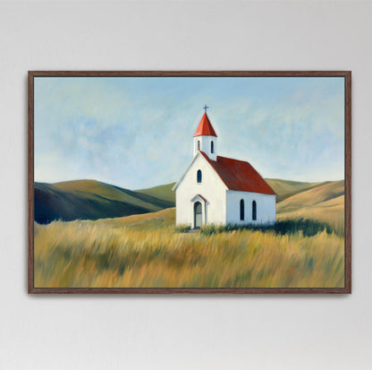 charming country church rendered in the contemplative style of Edward Hopper

This work captures the quiet dignity of prairie landscapes through a sophisticated palette of red, white, blue, yellow, and green. Perfect for farmhouse interiors or any space seeking authentic Americana character, the composition draws viewers into a moment of serene isolation.