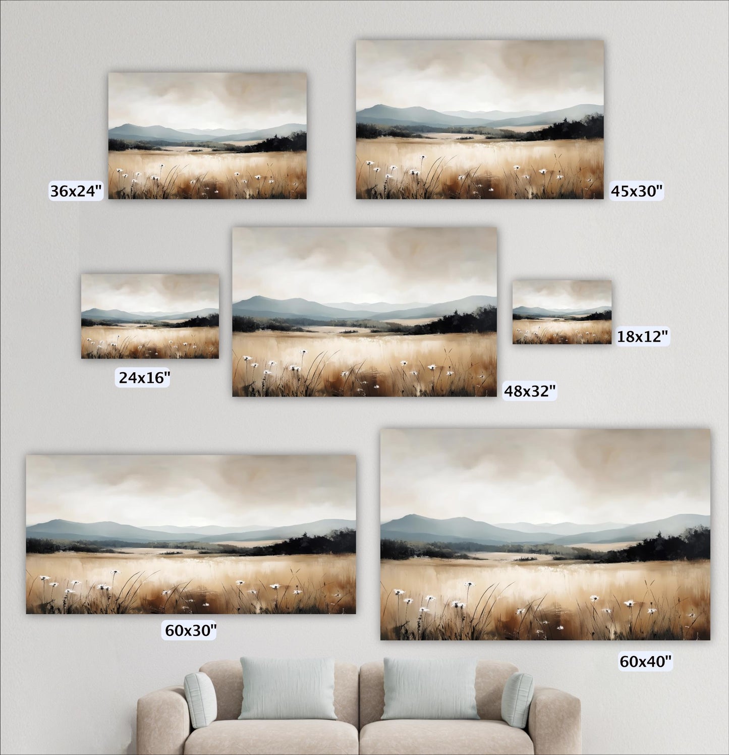 a collection of landscape paintings or photographs depicting various scenes of nature, including grassy fields, mountains, and clouds. The paintings are arranged in a grid format, with each one varying in size, ranging from 36x24" to 48x32". The paintings are displayed on a wall, and there is a couch in the foreground.