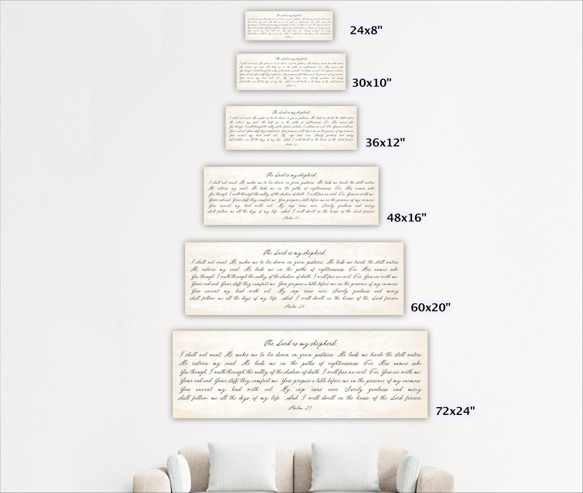 a series of handwritten text blocks in various sizes, ranging from 24 to 72 inches wide, arranged in a vertical column.