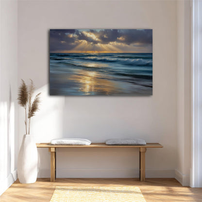 a serene beach scene with a wooden bench and a white vase with potted plants, all set against a backdrop of a painting depicting a tranquil ocean landscape with a sunset sky.