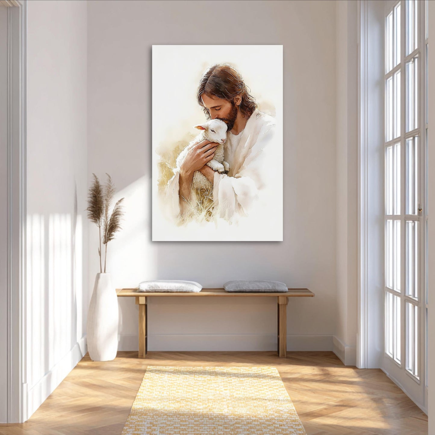 a serene indoor setting with a large painting of Jesus holding a lamb hanging on the wall. The painting is surrounded by a wooden bench and a decorative vase, creating a peaceful and spiritual atmosphere.