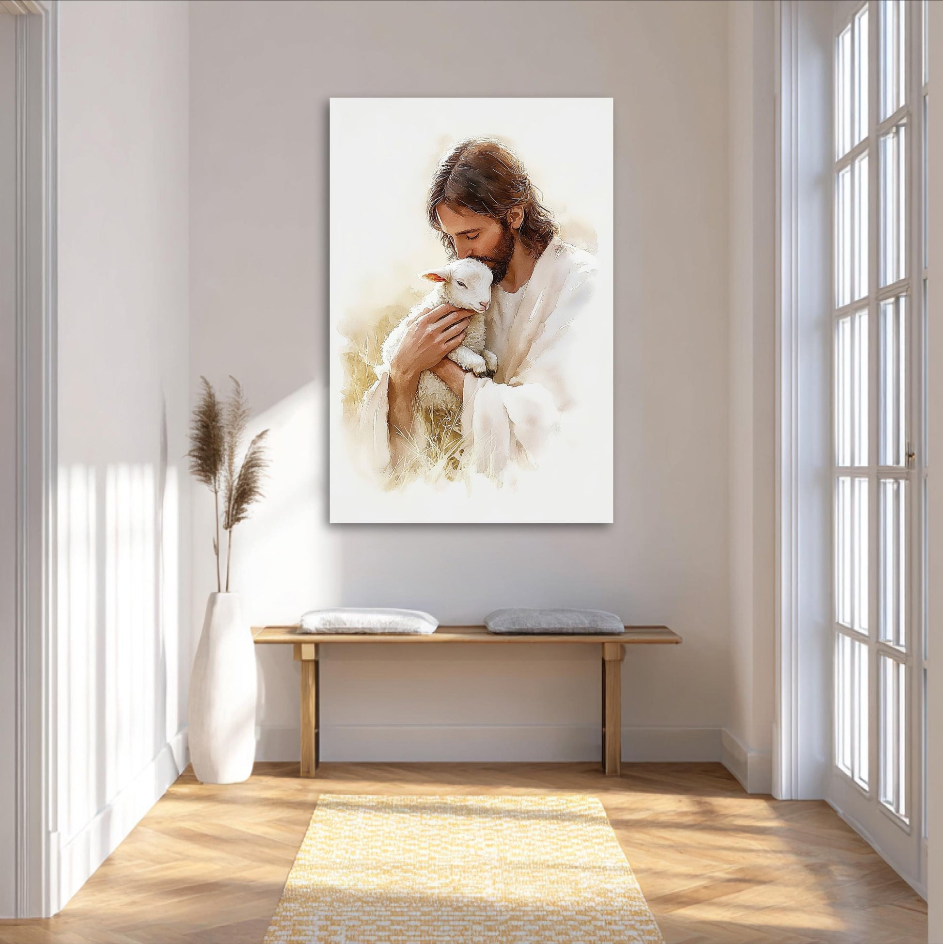 a serene indoor setting with a large painting of Jesus holding a lamb hanging on the wall. The painting is surrounded by a wooden bench and a decorative vase, creating a peaceful and spiritual atmosphere.