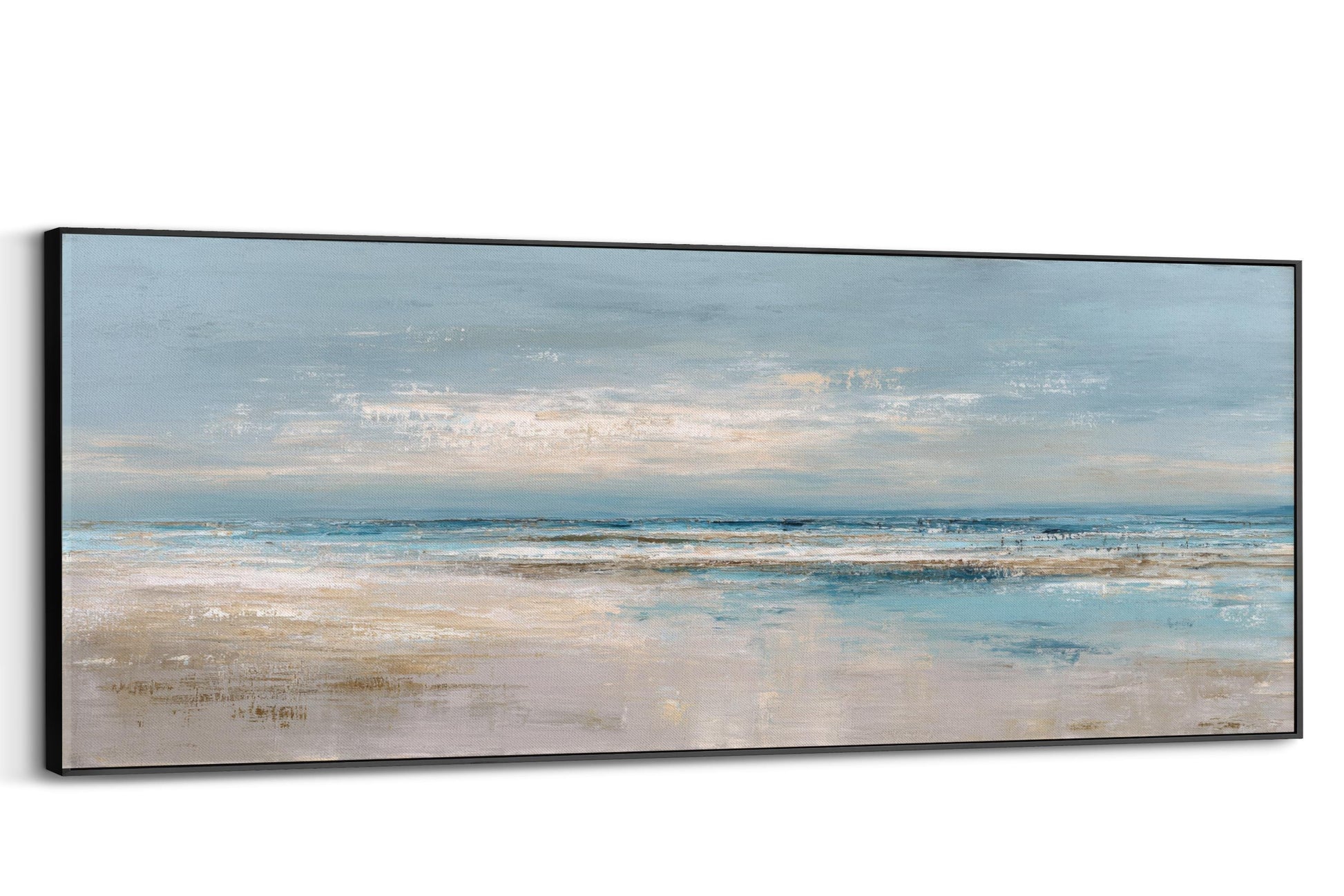 The image is a painting depicting a serene landscape of a beach with a calm ocean and a cloudy sky.