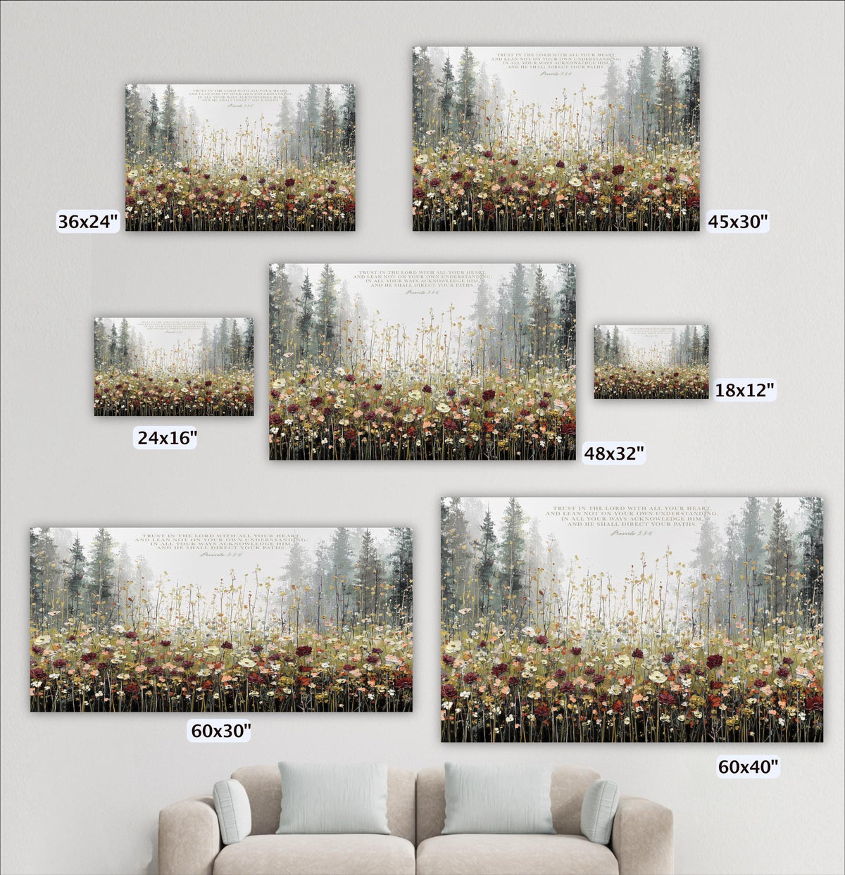 a collection of five framed landscape paintings depicting various scenes, including a field of flowers and a forest. The paintings vary in size, ranging from 36x24" to 48x32" and 60x30". The paintings are displayed on a wall, with a couch in the foreground.