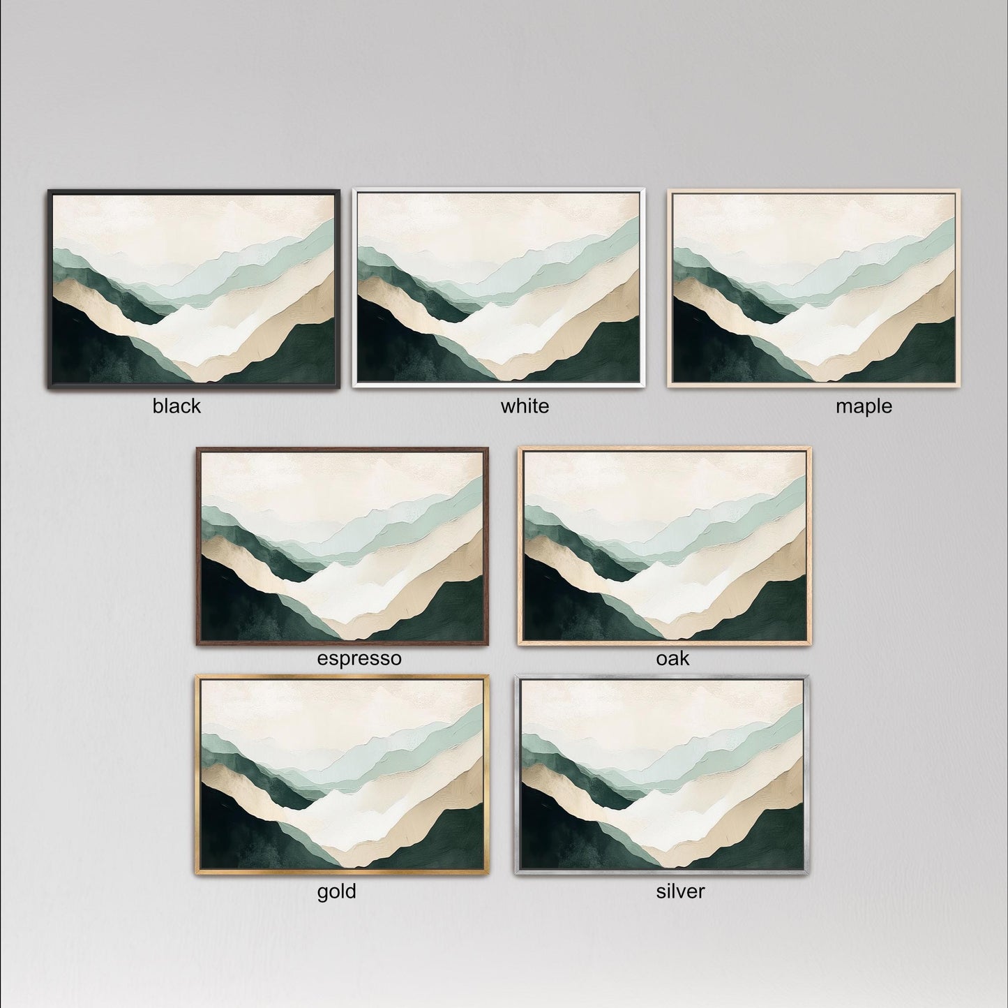 six framed landscape paintings, each with a different color scheme and style, arranged in a grid format.