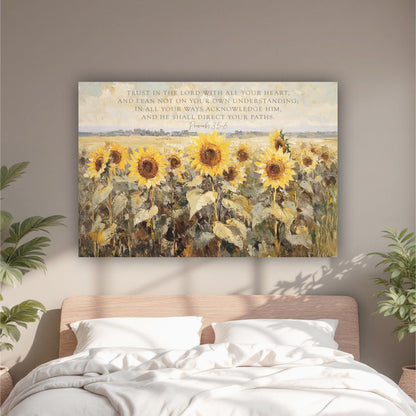 a bed with a white comforter and a painting of sunflowers
