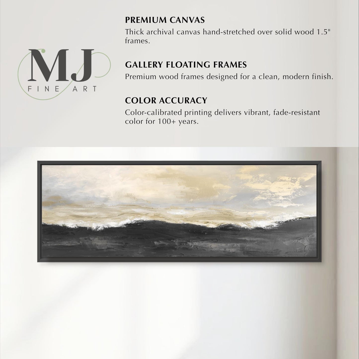 The image is a large canvas painting with a landscape scene, featuring a cloudy sky and a body of water. The painting is framed in a wooden frame, which is described as a "Premium Canvas" and "Gallery Floating Frames". The painting is color-accurate, as it is described as a "Color-calibrated printing delivers vibrant, fade-resistant color for 100+ years".