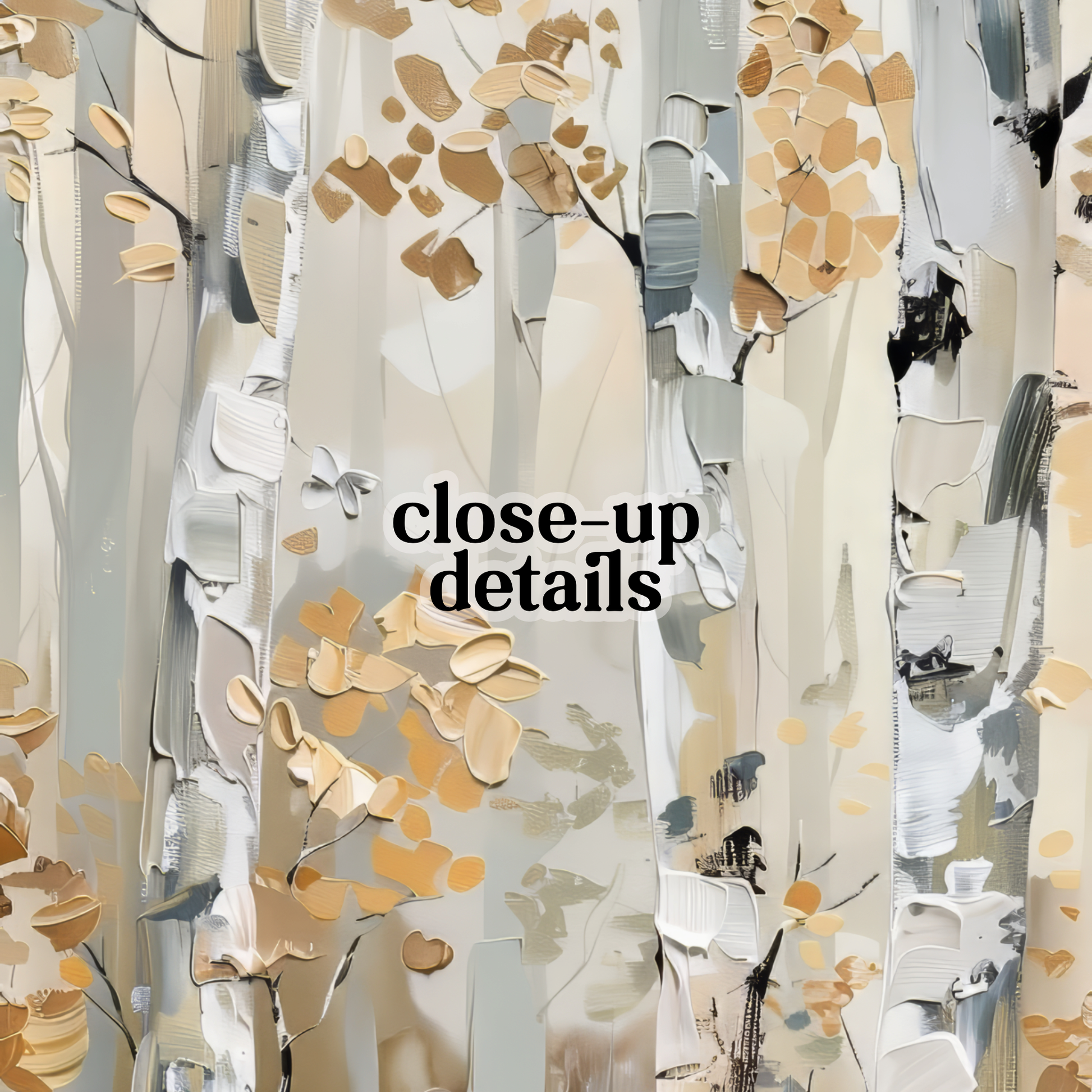 The image is a close-up of a painting that features abstract tree-like patterns in shades of gray, white, and beige.
