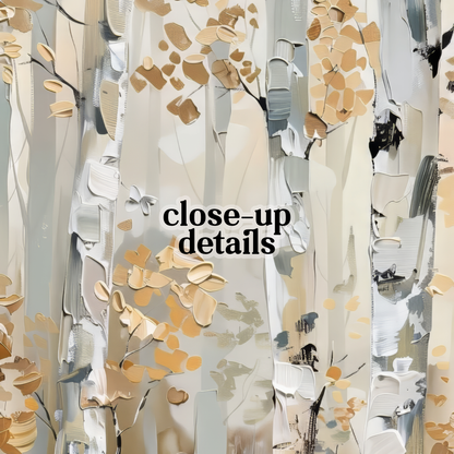The image is a close-up of a painting that features abstract tree-like patterns in shades of gray, white, and beige.