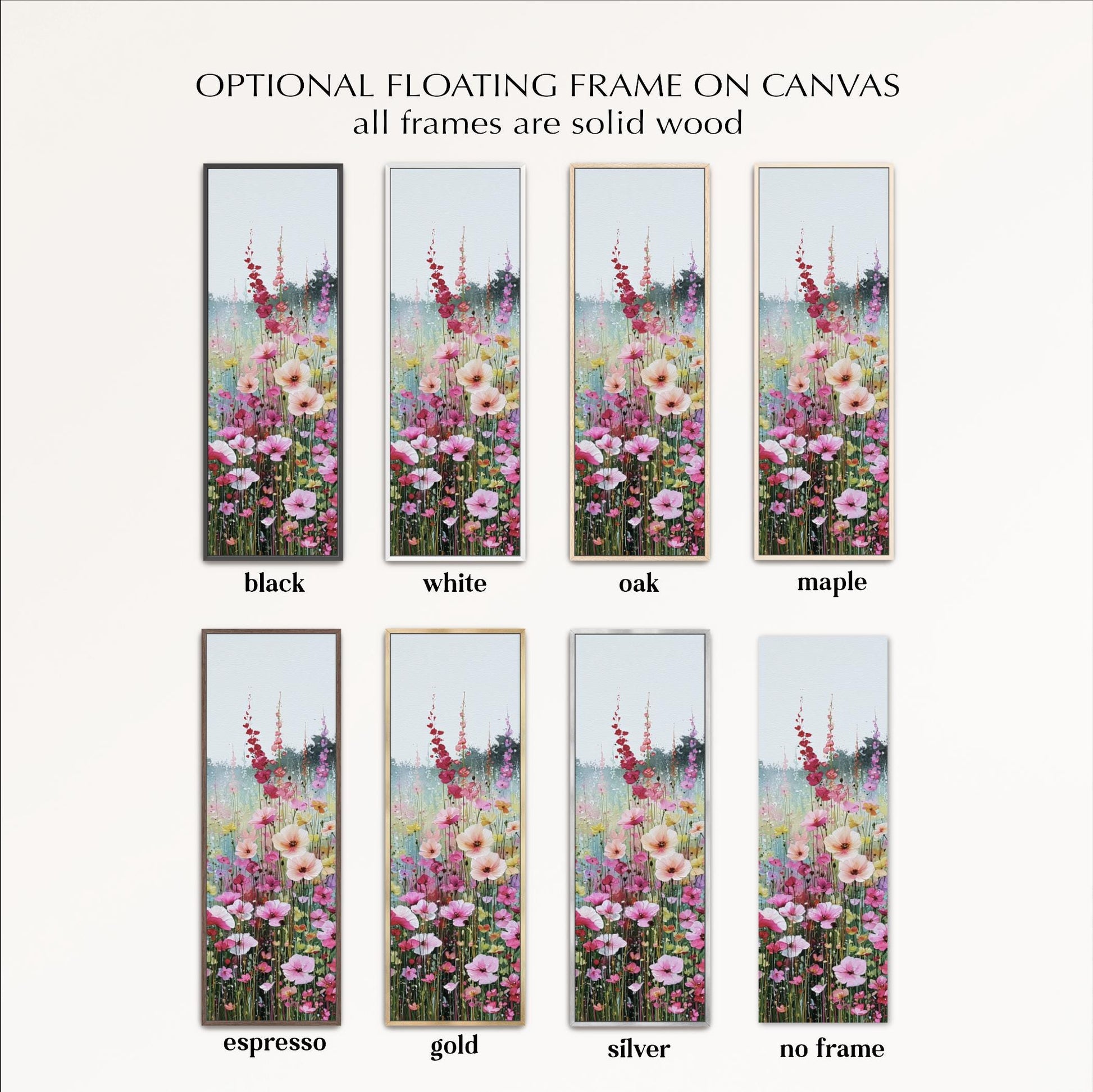 a collection of six framed pictures, each with a different color and frame style, arranged in a grid. The frames are described as having an "optional floating frame on canvas" and are made of solid wood.