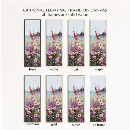 a collection of six framed pictures, each with a different color and frame style, arranged in a grid. The frames are described as having an "optional floating frame on canvas" and are made of solid wood.