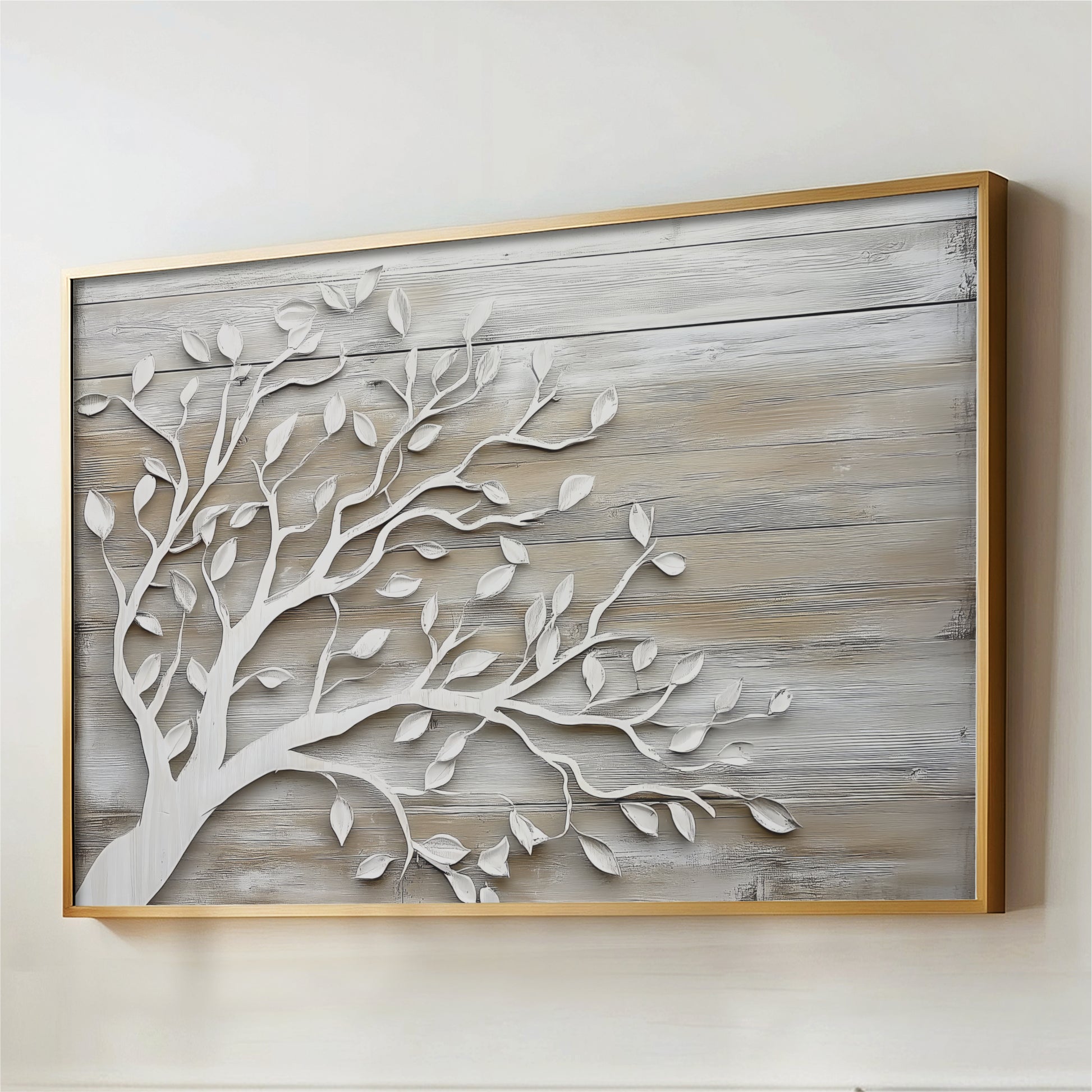 a wooden wall with a decorative tree design in the center, creating a visually appealing and artistic display.