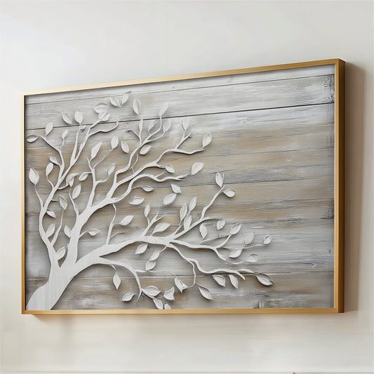 a wooden wall with a decorative tree design in the center, creating a visually appealing and artistic display.
