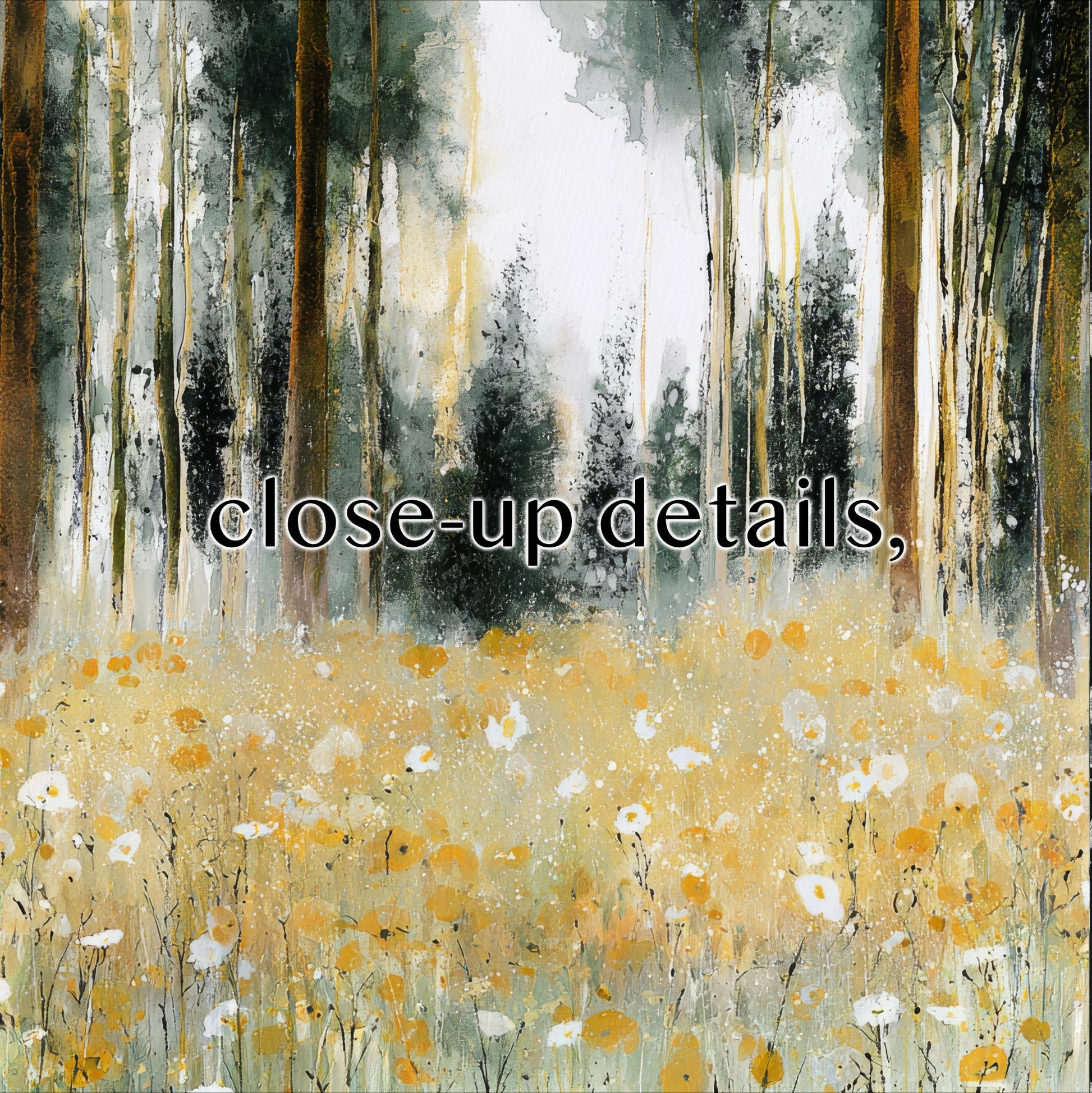 a field of flowers with tall trees in the background, creating a serene and picturesque scene.