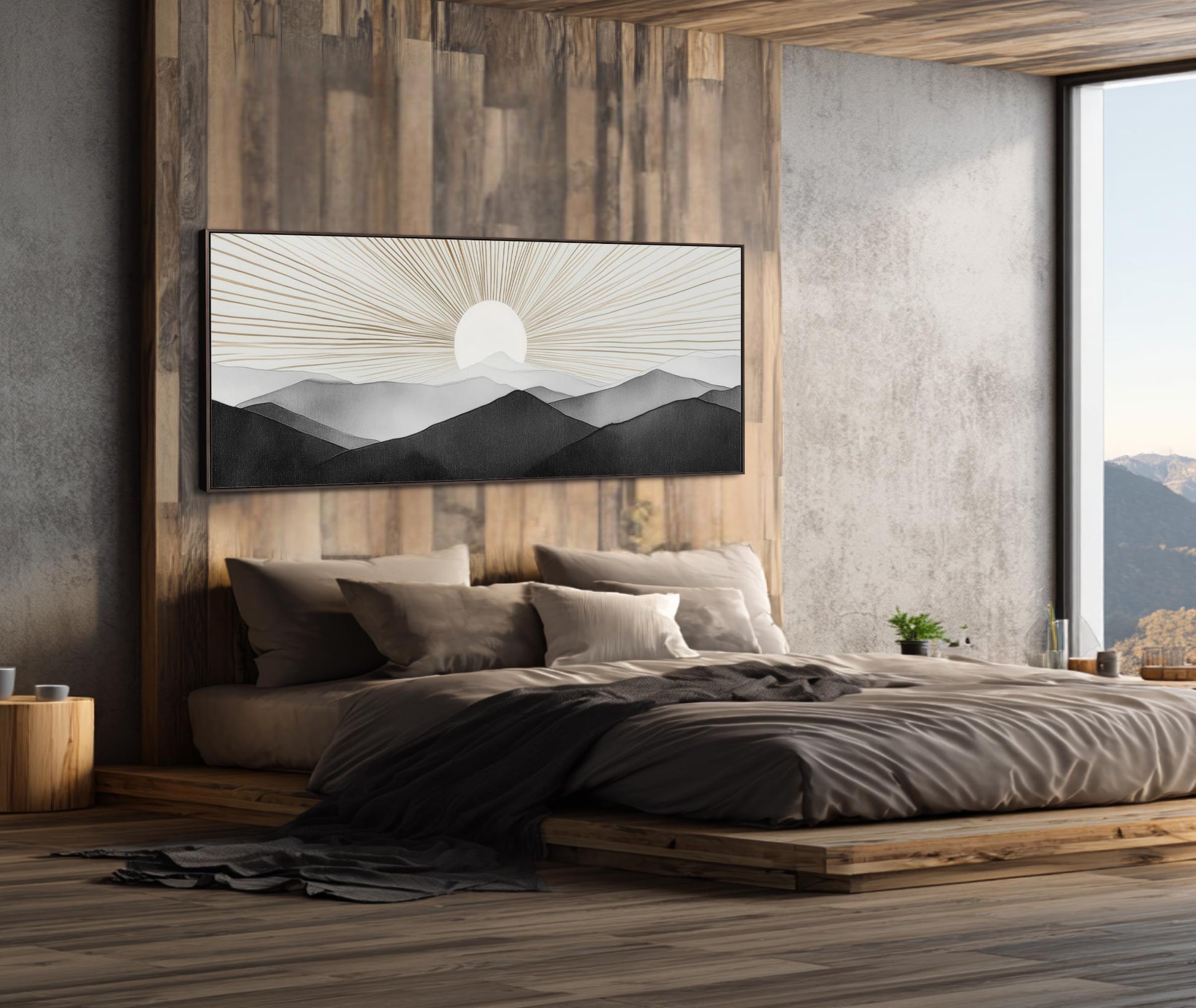 a serene bedroom with a large bed, wooden headboard, and a wooden wall with a framed landscape painting. The room has a minimalist and modern design, with a large window providing a view of the mountains outside.
