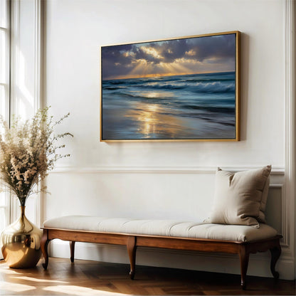 a serene indoor setting with a large painting of a beach scene hanging on the wall above a wooden bench. The painting depicts a tranquil beach with waves gently lapping at the shore, and the sky is filled with clouds, creating a peaceful atmosphere. The bench is positioned next to a window, allowing natural light to illuminate the space and enhance the overall ambiance.