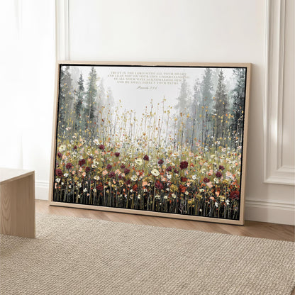 The image is a framed painting depicting a field of flowers with tall trees in the background.