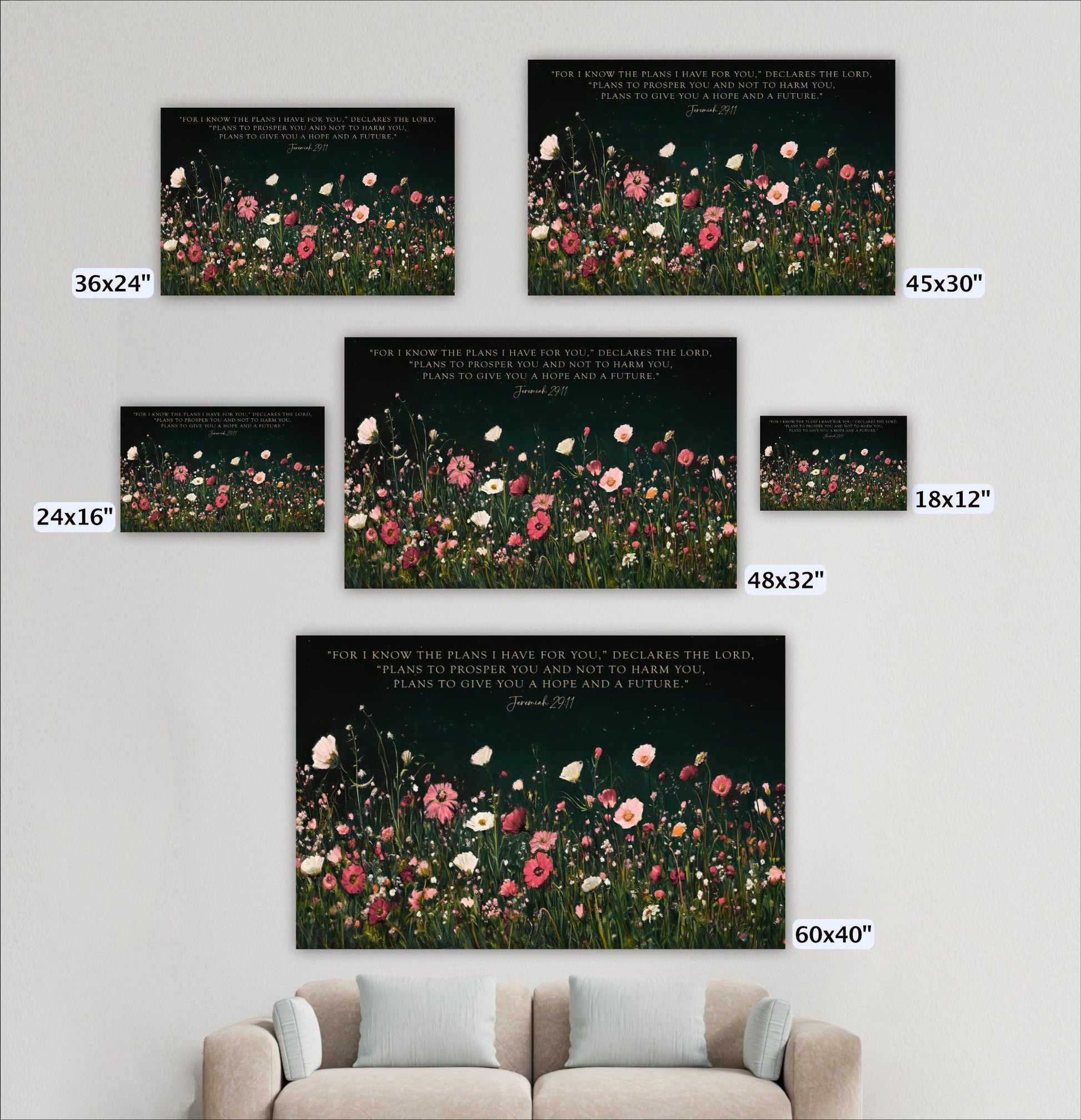 a living room with a couch and a bunch of flowers on the wall