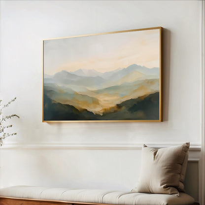 a large landscape painting hanging on a white wall above a wooden bench with a beige pillow.