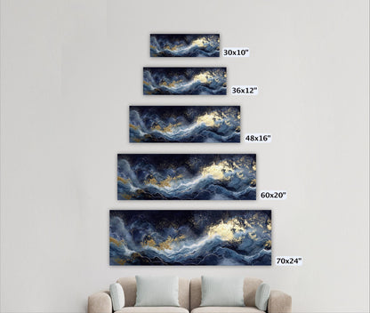 A wall with five framed artworks of varying sizes, each depicting a different ocean wave pattern in shades of blue and gold.