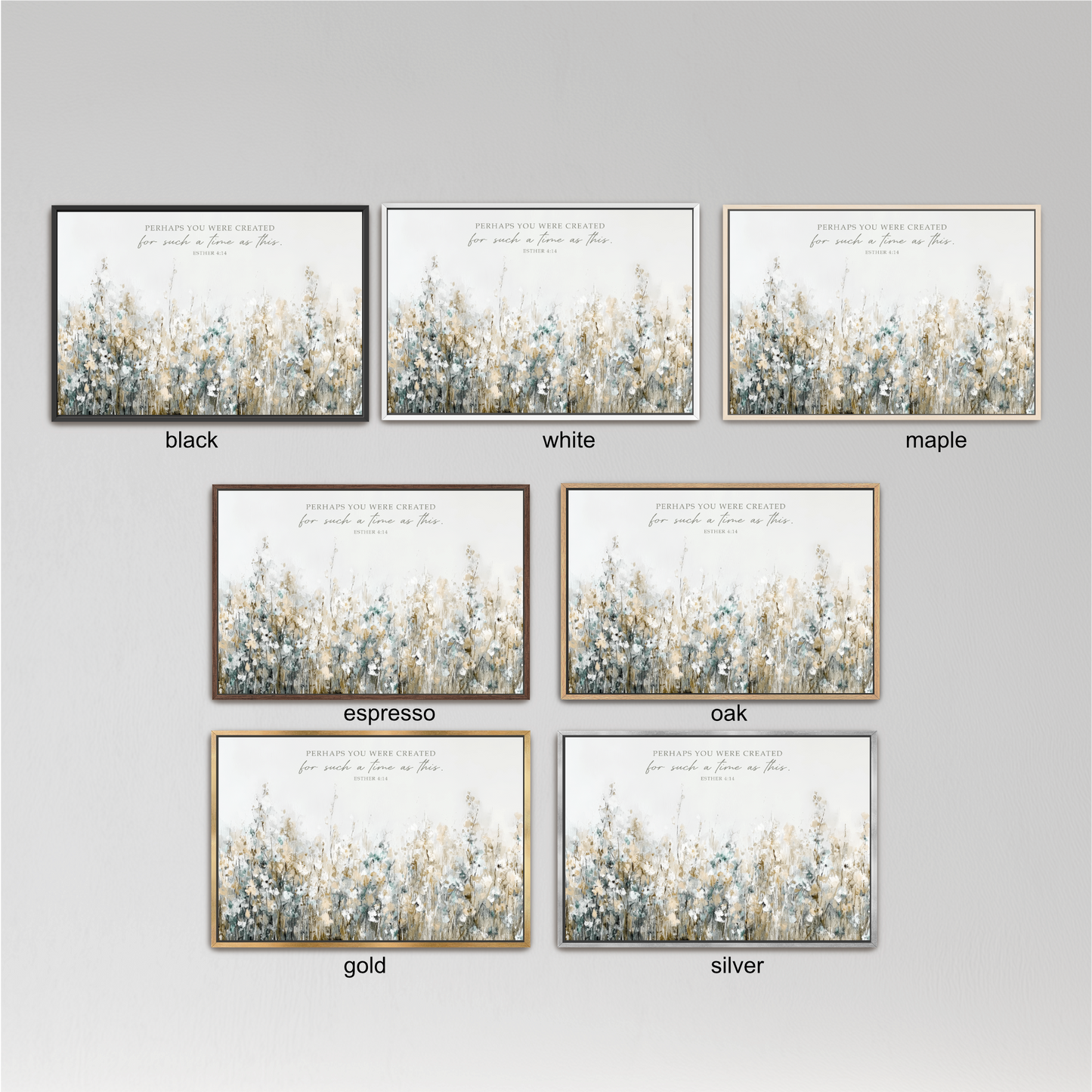 six framed artworks, each with a different color and frame style, arranged in a grid against a white background.