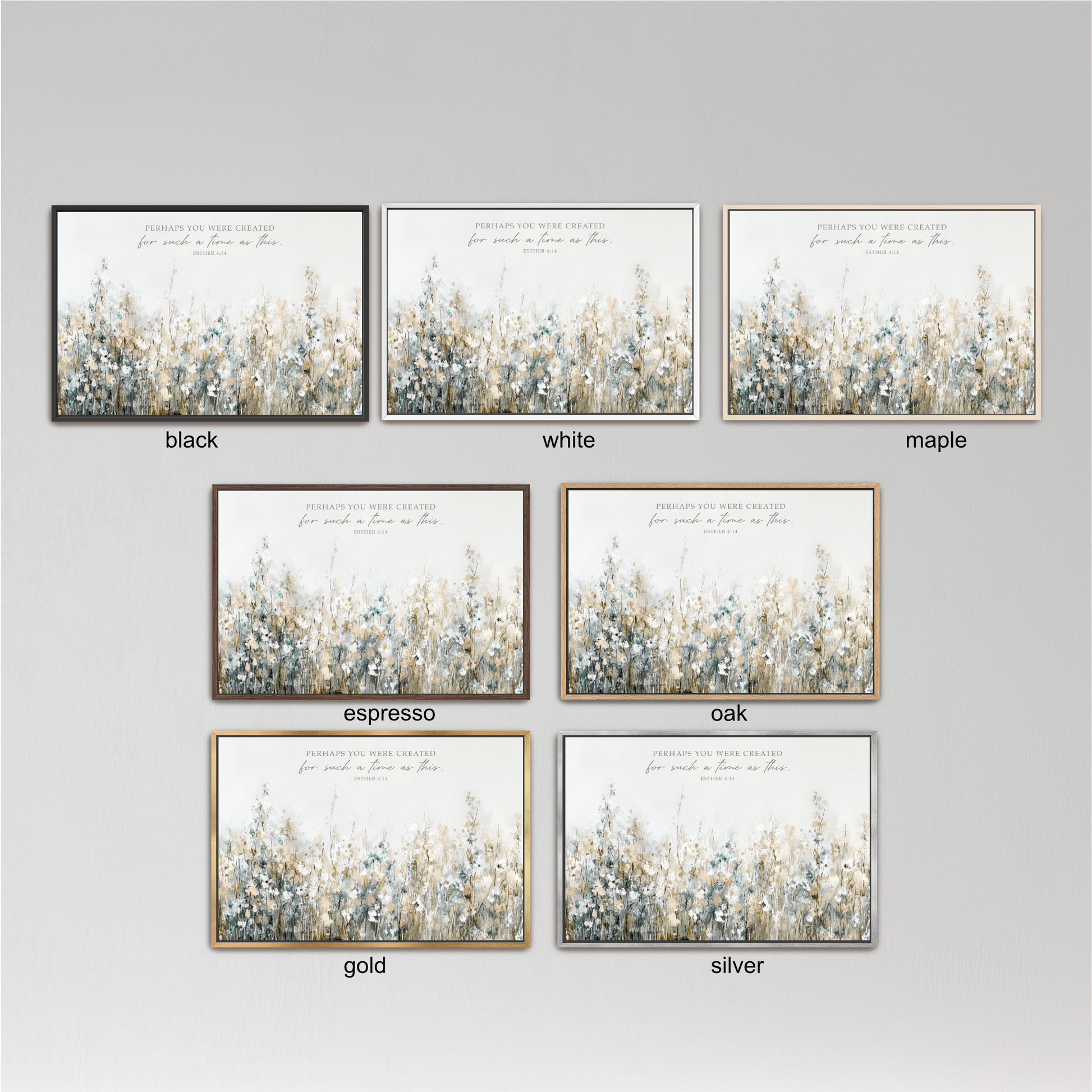 six framed artworks, each with a different color and frame style, arranged in a grid against a white background.