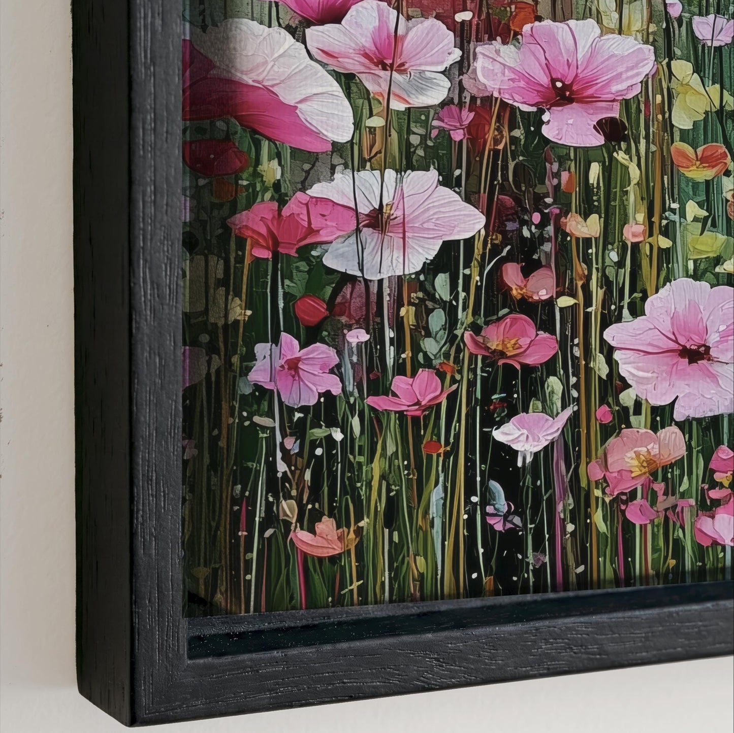 The image is a framed painting depicting a vibrant field of pink and white flowers, with various shades of pink and white petals and green stems.