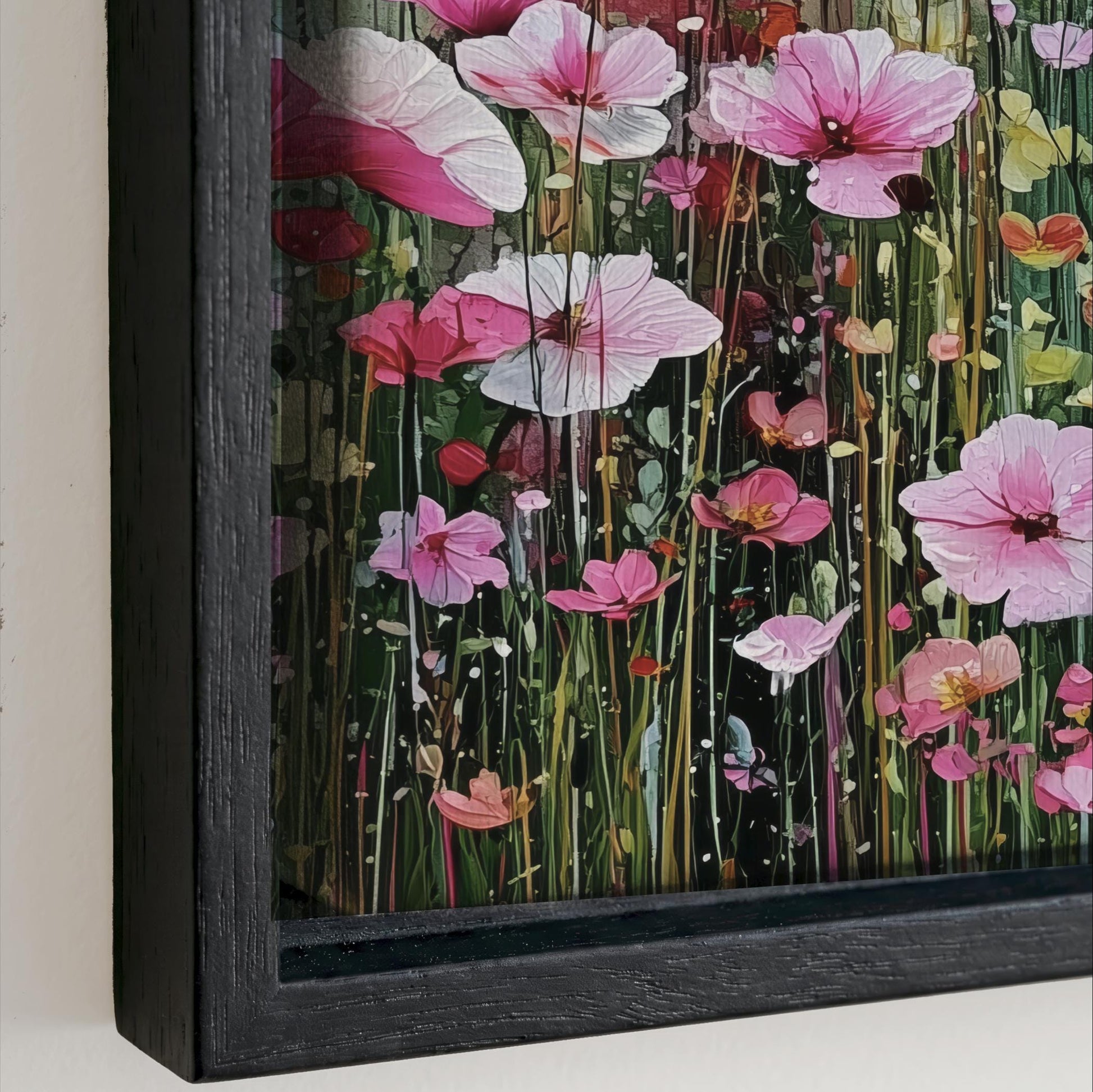 The image is a framed painting depicting a vibrant field of pink and white flowers, with various shades of pink and white petals and green stems.