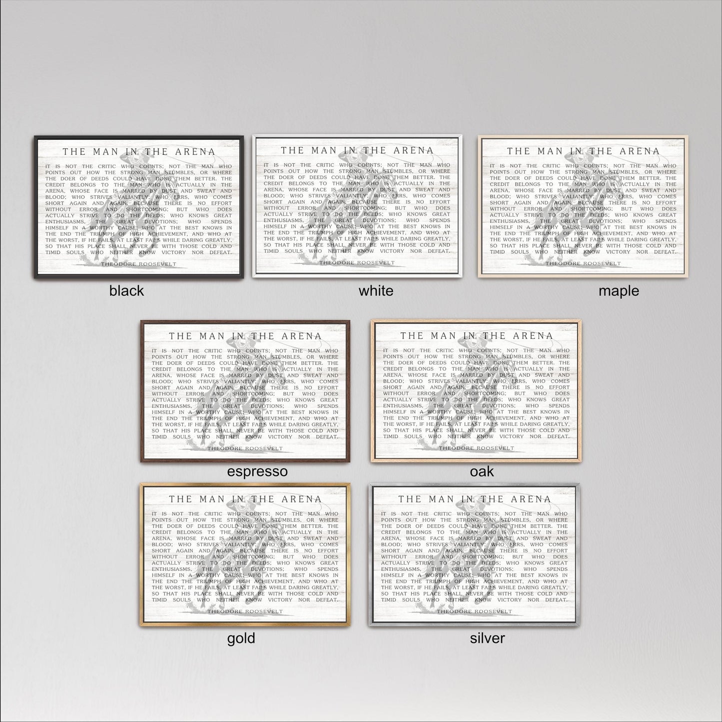 six framed artworks, each with a different color and frame style, depicting the same artwork titled "The Man in the Arena".