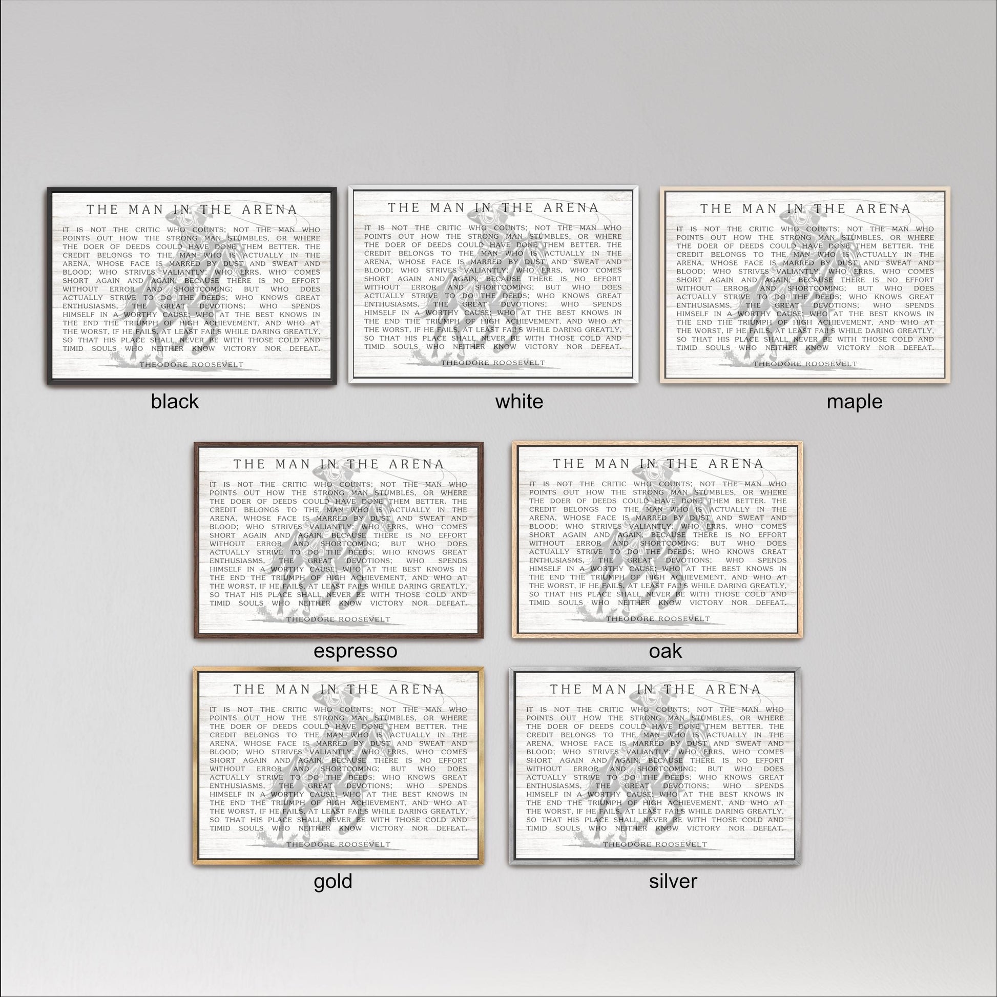 six framed artworks, each with a different color and frame style, depicting the same artwork titled "The Man in the Arena".