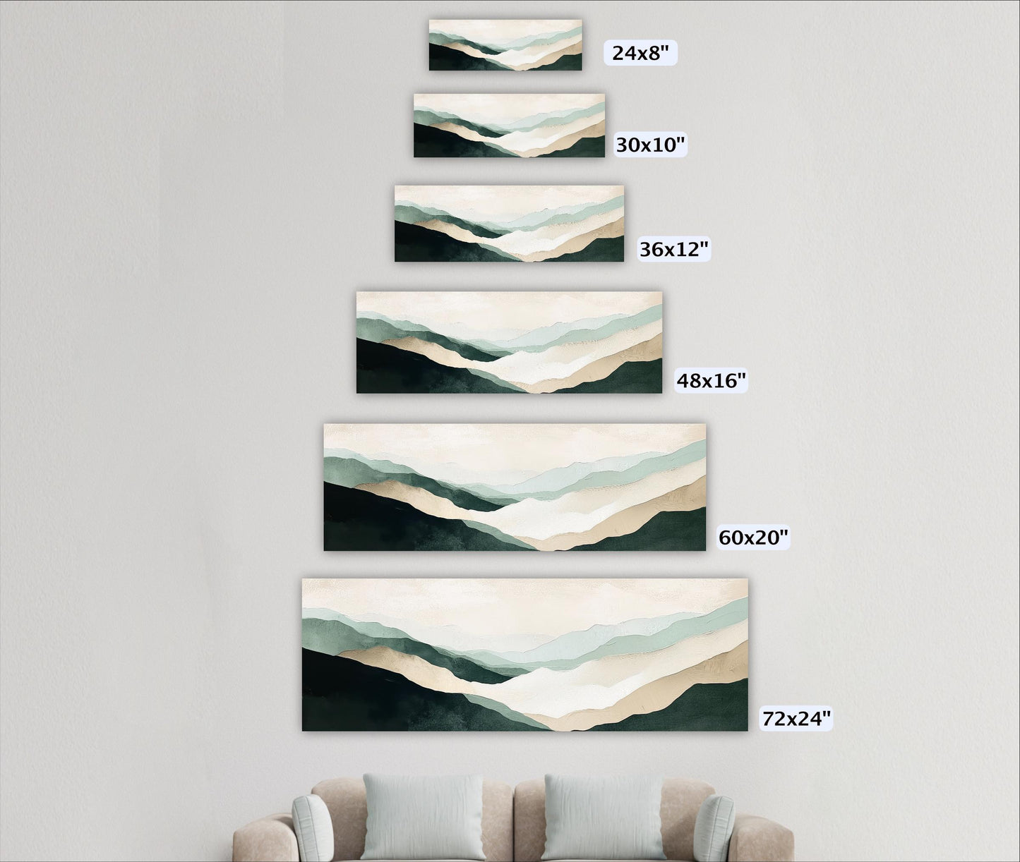 A series of landscape paintings depicting mountains, each with a different size and resolution, ranging from 24x8" to 72x12".