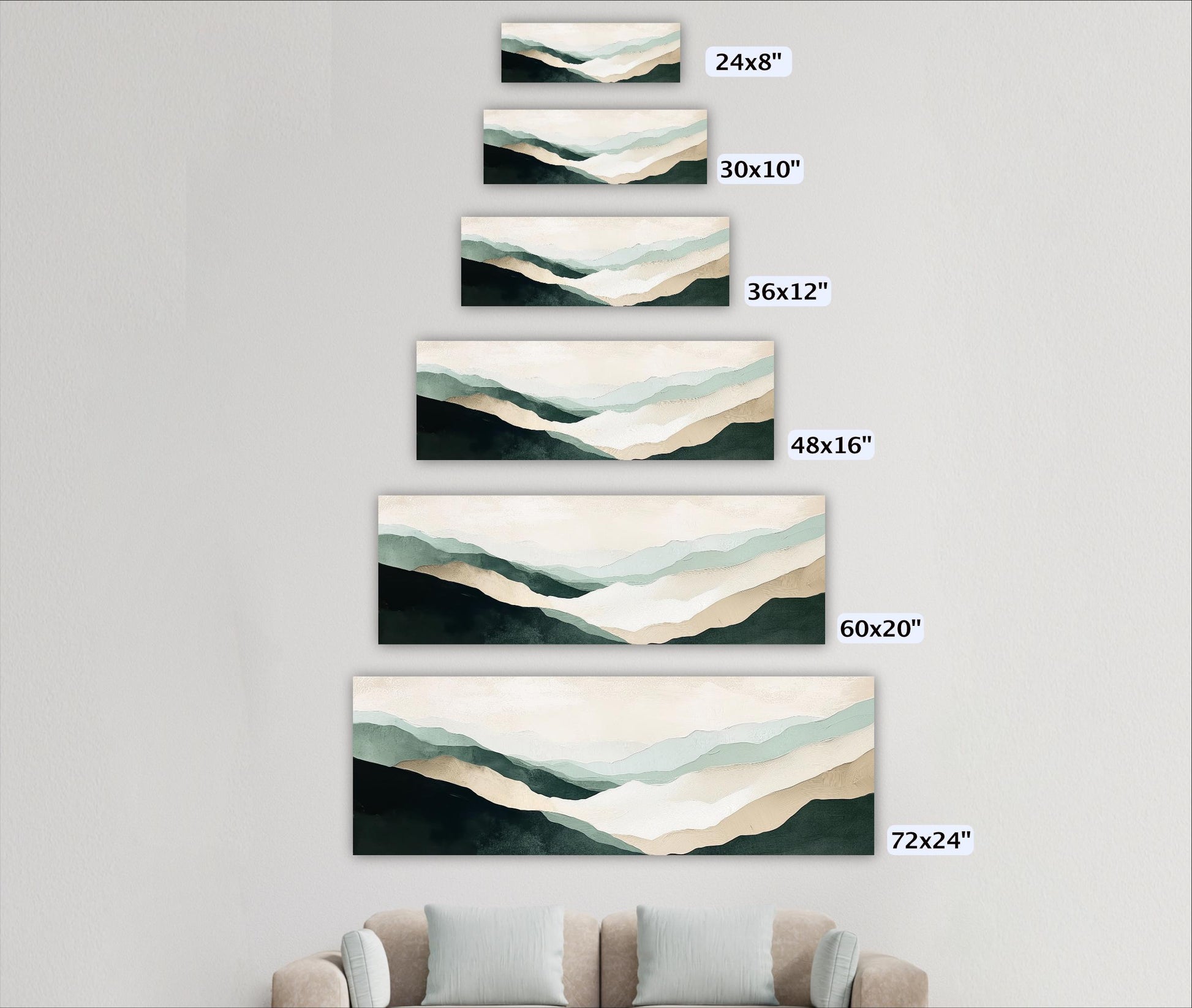 A series of landscape paintings depicting mountains, each with a different size and resolution, ranging from 24x8" to 72x12".