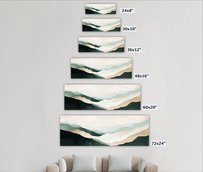 A series of landscape paintings depicting mountains, each with a different size and resolution, ranging from 24x8" to 72x12".