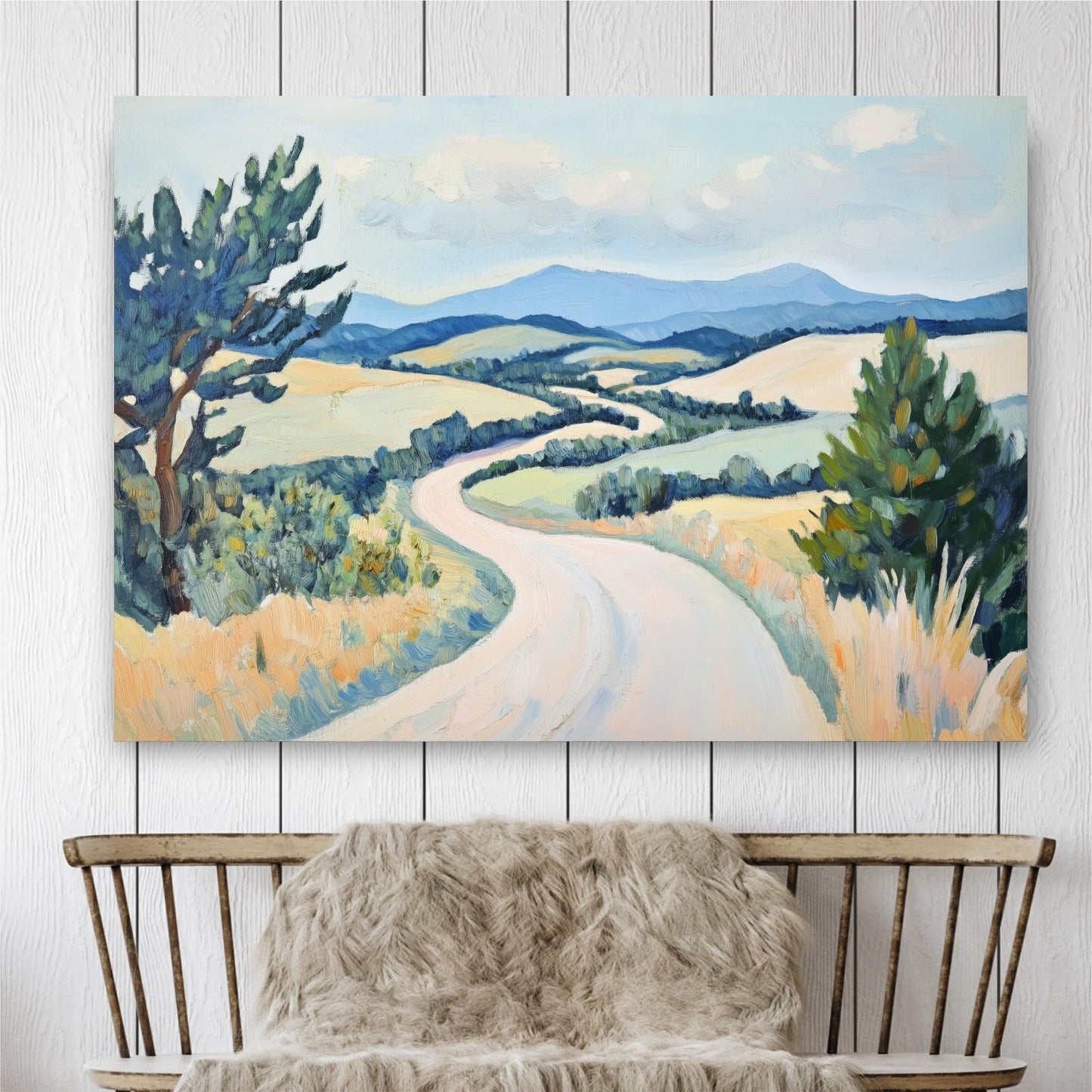 a serene landscape with a winding road leading through a rural countryside, surrounded by trees and rolling hills.