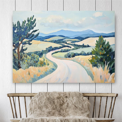 a serene landscape with a winding road leading through a rural countryside, surrounded by trees and rolling hills.