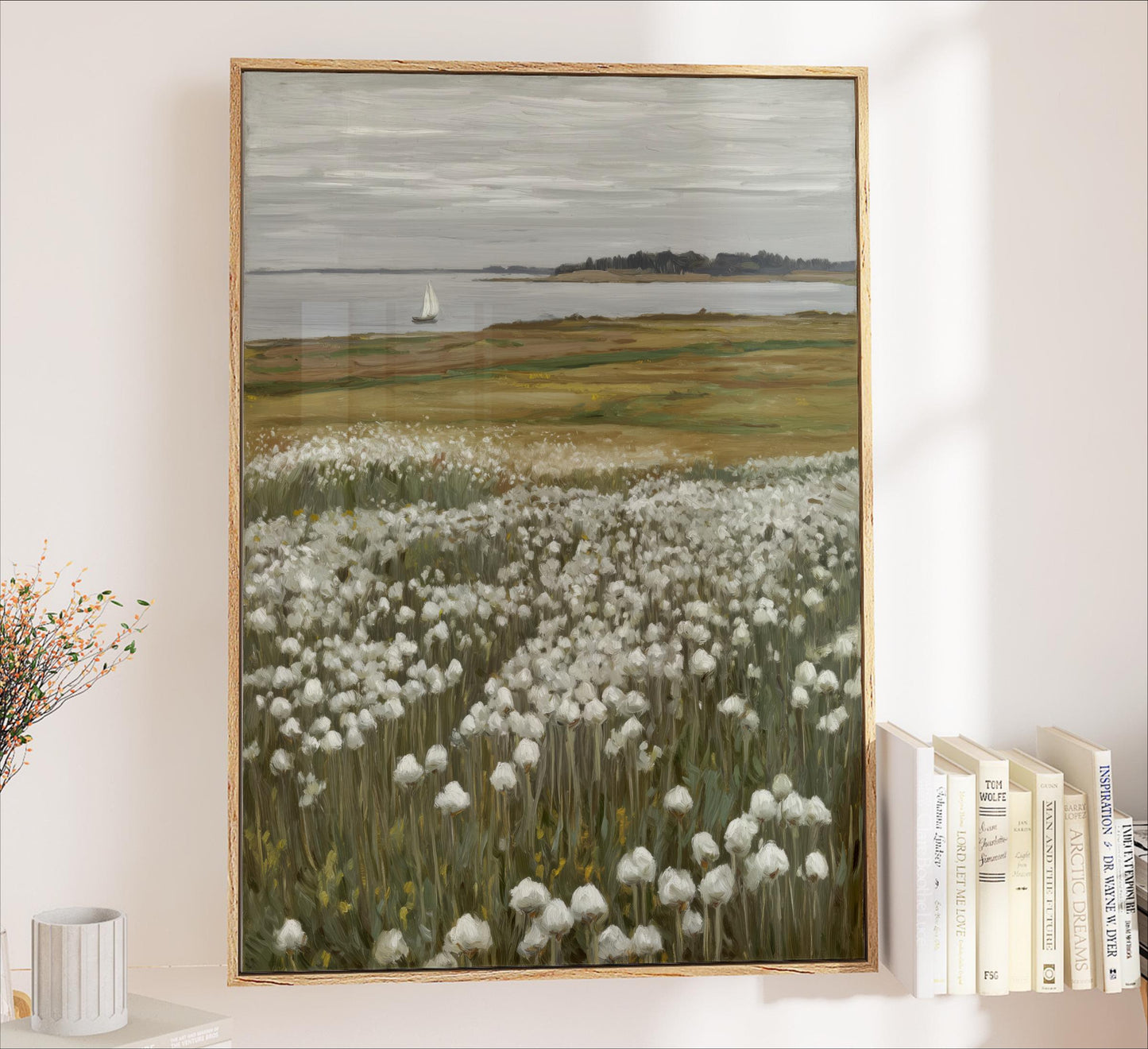 Coastal Wildflower Meadow Canvas Wall Art Framed Sailboat Seascape Neutral Ocean Landscape Painting Effect White Flowers Cottagecore Decor