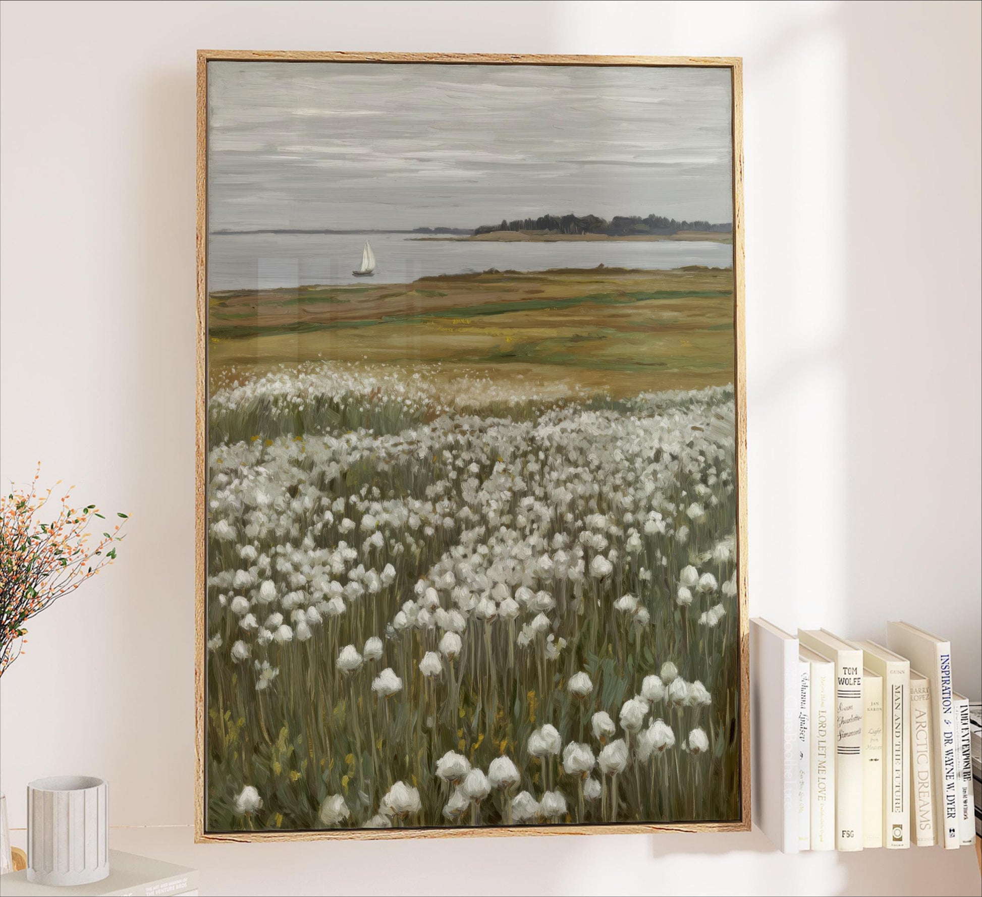 Coastal Wildflower Meadow Canvas Wall Art Framed Sailboat Seascape Neutral Ocean Landscape Painting Effect White Flowers Cottagecore Decor