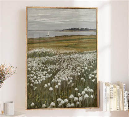 Coastal Wildflower Meadow Canvas Wall Art Framed Sailboat Seascape Neutral Ocean Landscape Painting Effect White Flowers Cottagecore Decor