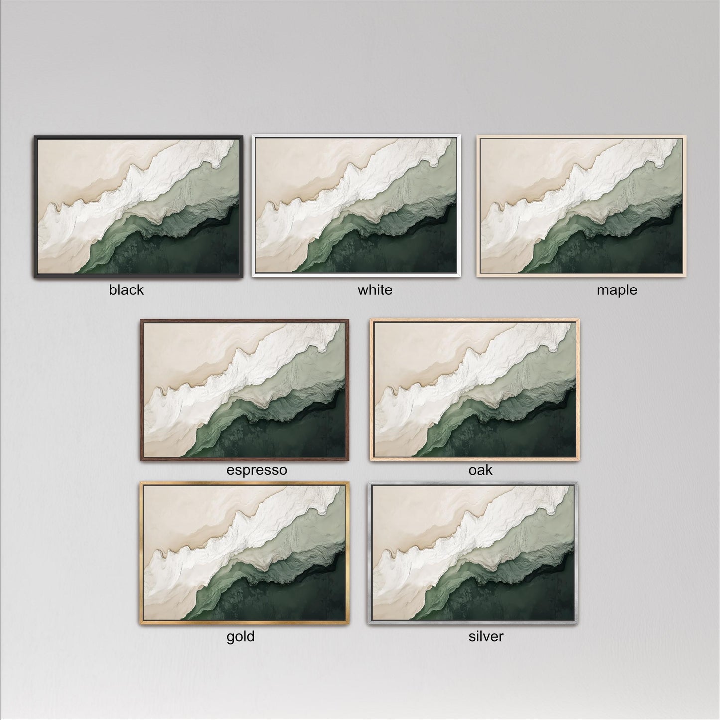 six framed artworks, each with a different color and style, arranged in a grid. The artworks are labeled with the color and style of each frame, including black, white, maple, espresso, oak, and gold.
