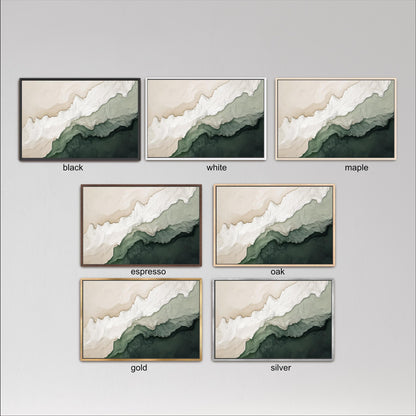 six framed artworks, each with a different color and style, arranged in a grid. The artworks are labeled with the color and style of each frame, including black, white, maple, espresso, oak, and gold.