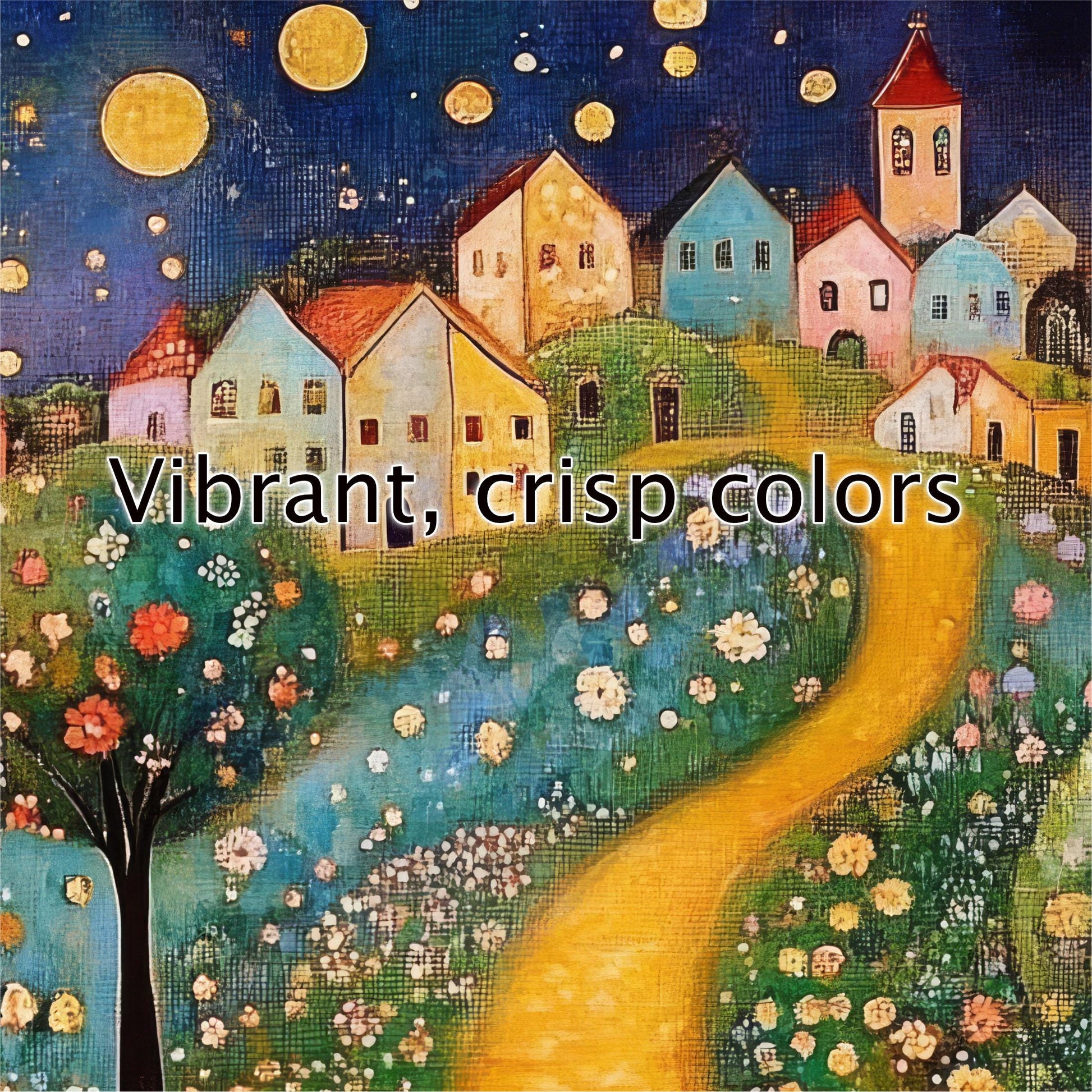 a painting of houses and a yellow road