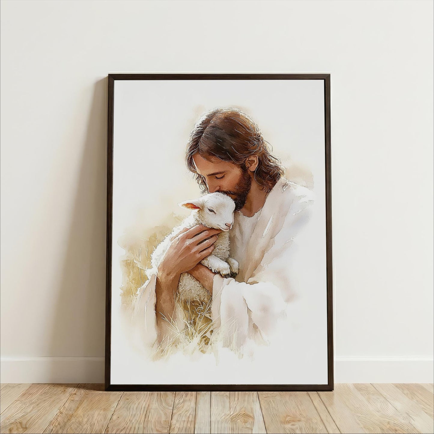 A framed painting depicting a man tenderly holding a lamb, with a serene expression on his face.