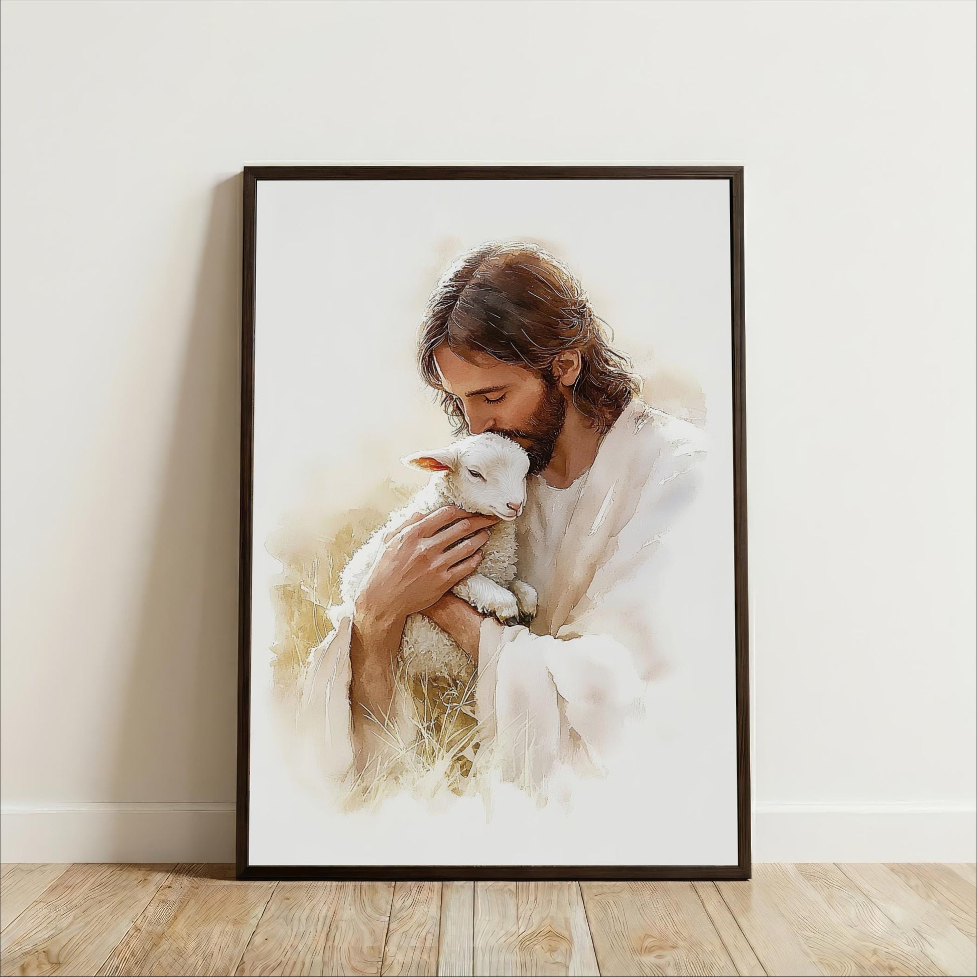 A framed painting depicting a man tenderly holding a lamb, with a serene expression on his face.