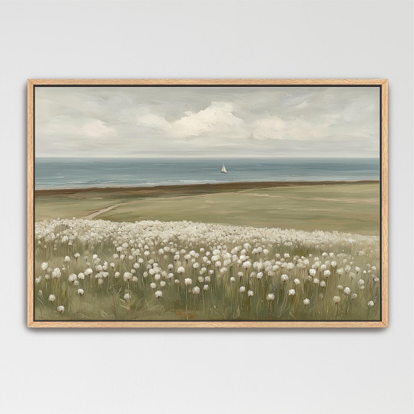 The image is a painting depicting a serene landscape with a field of white flowers in the foreground and a sailboat in the distance on the horizon.