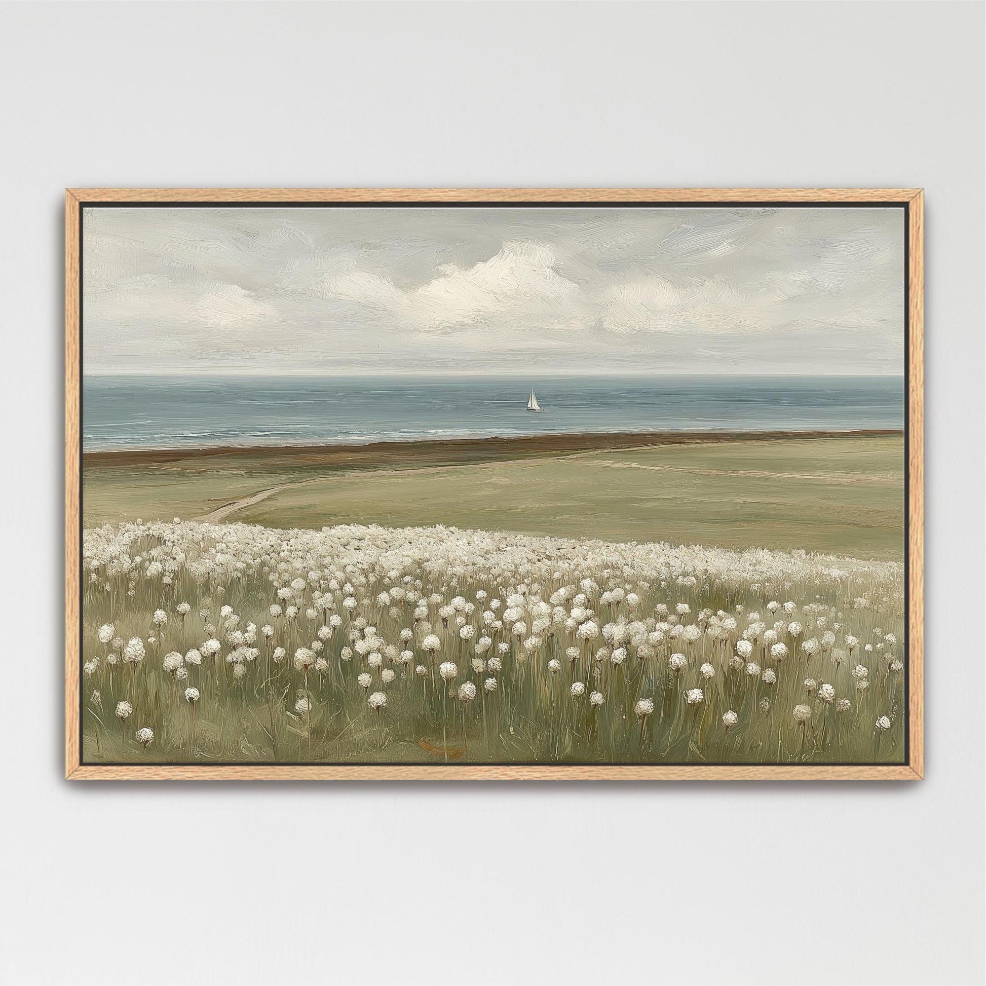 The image is a painting depicting a serene landscape with a field of white flowers in the foreground and a sailboat in the distance on the horizon.