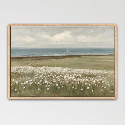 The image is a painting depicting a serene landscape with a field of white flowers in the foreground and a sailboat in the distance on the horizon.