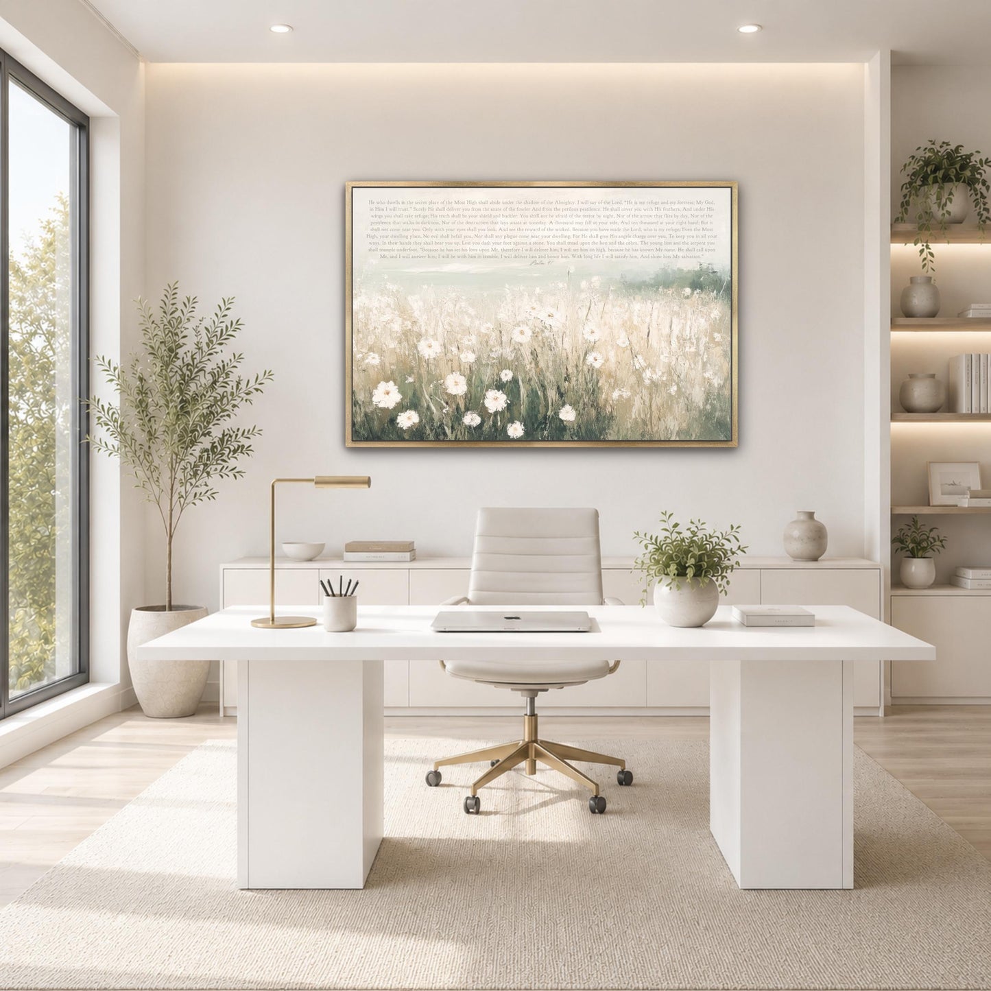a modern, minimalist office space with a large window, a white desk, a white chair, and a framed artwork of a field of flowers on the wall.