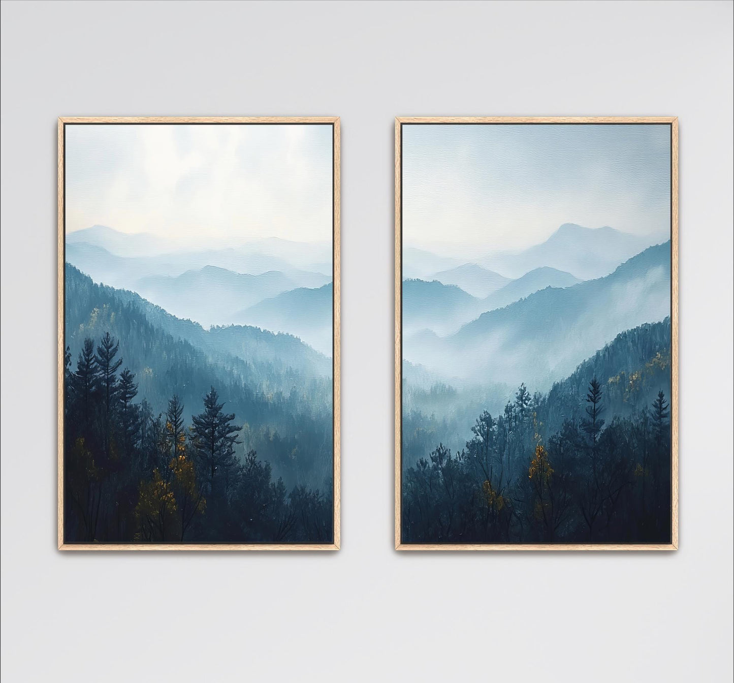 two pictures of a mountainous landscape with trees and foggy mountains in the background.